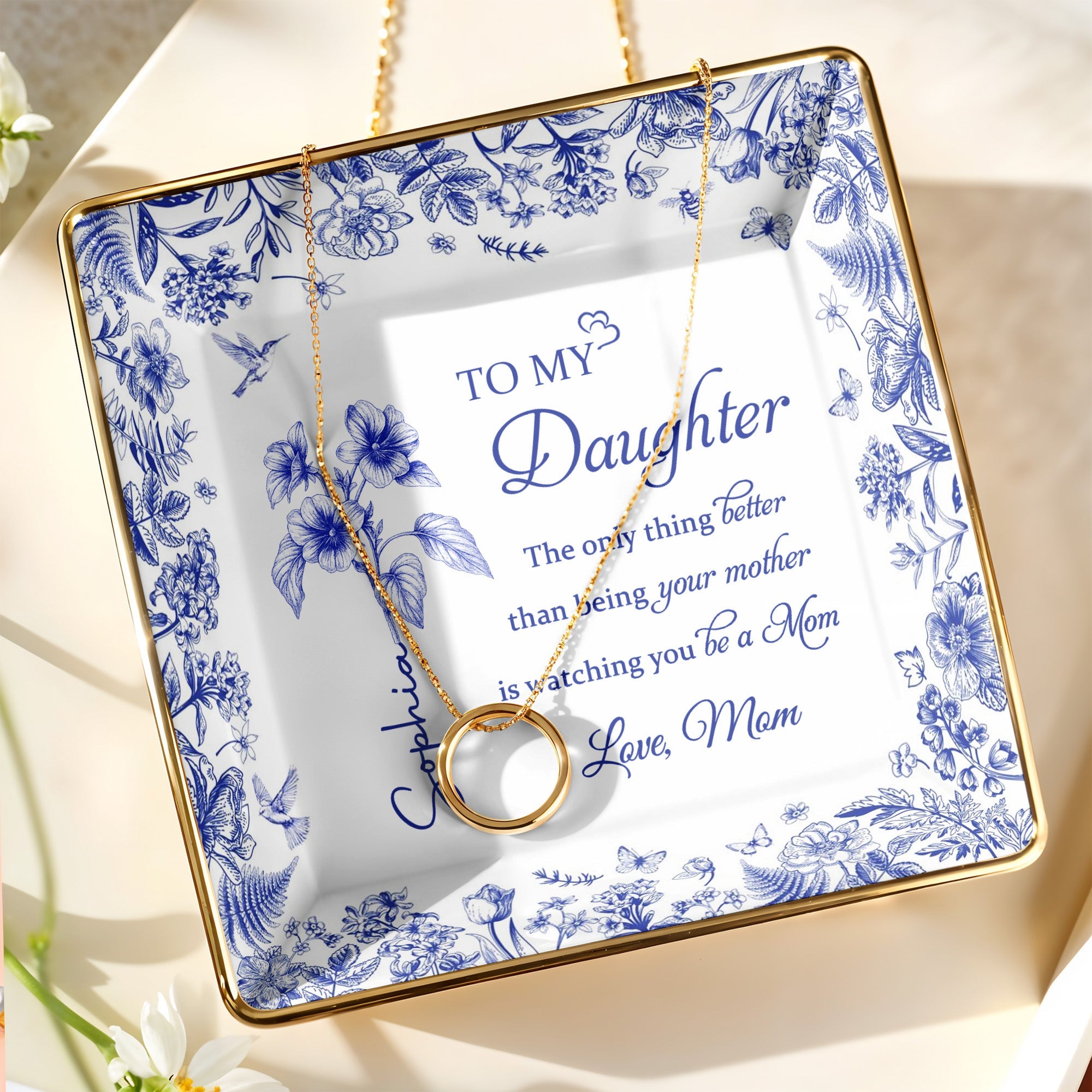 To My Daughter, Floral Design Ceramic Dish - Personalized Custom Jewelry Dish, Ceramic Dish, Square Shape - DAU213_SCRF