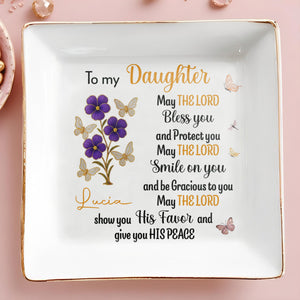To My Daughter, Blessings And Peace, Flowers And Butterflies - Personalized Custom Jewelry Dish, Square Ceramic Dish - DAU215_SCRD