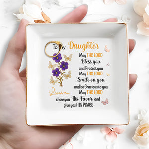 To My Daughter, Blessings And Peace, Flowers And Butterflies - Personalized Custom Jewelry Dish, Square Ceramic Dish - DAU215_SCRD