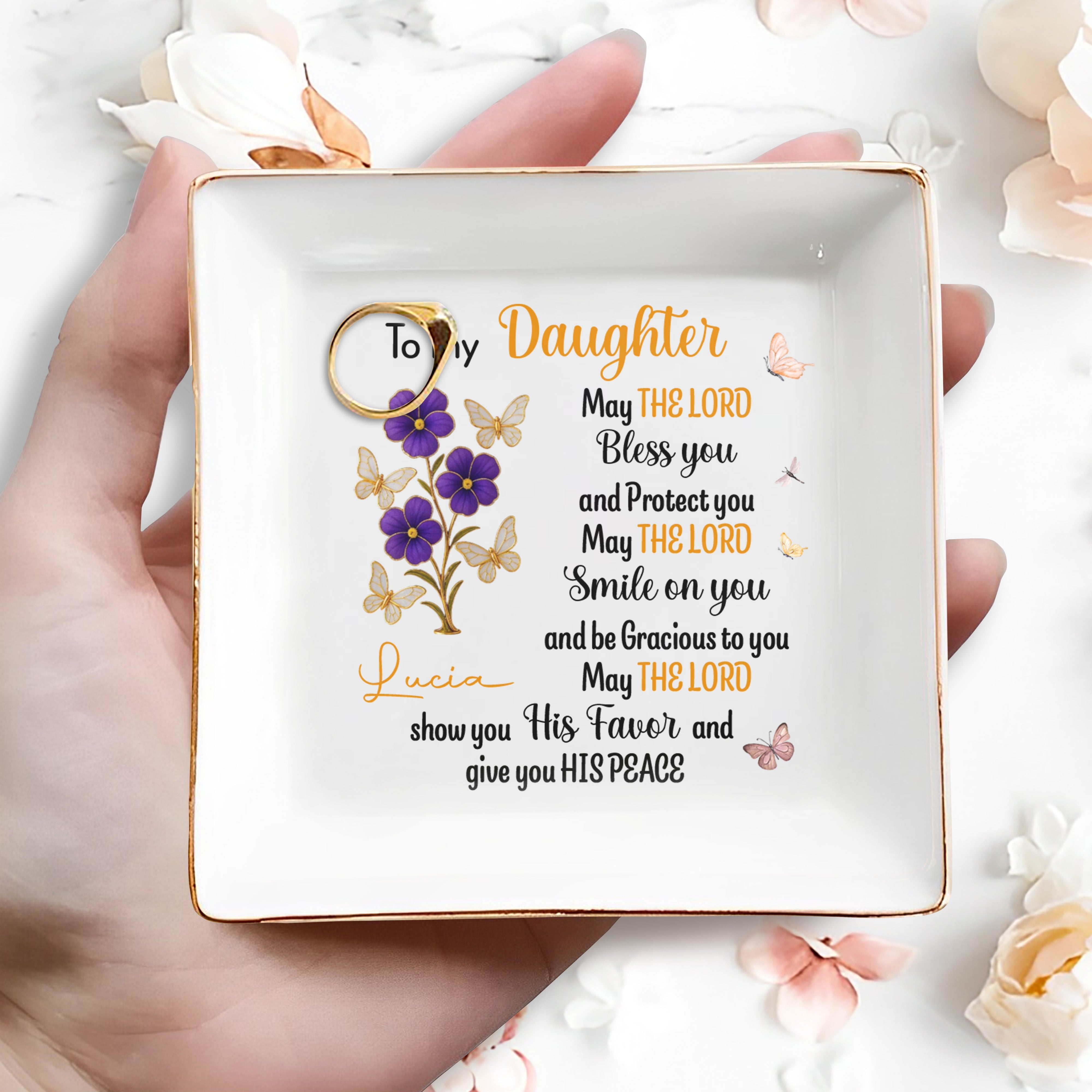To My Daughter, Blessings And Peace, Flowers And Butterflies - Personalized Custom Jewelry Dish, Square Ceramic Dish - DAU215_SCRD
