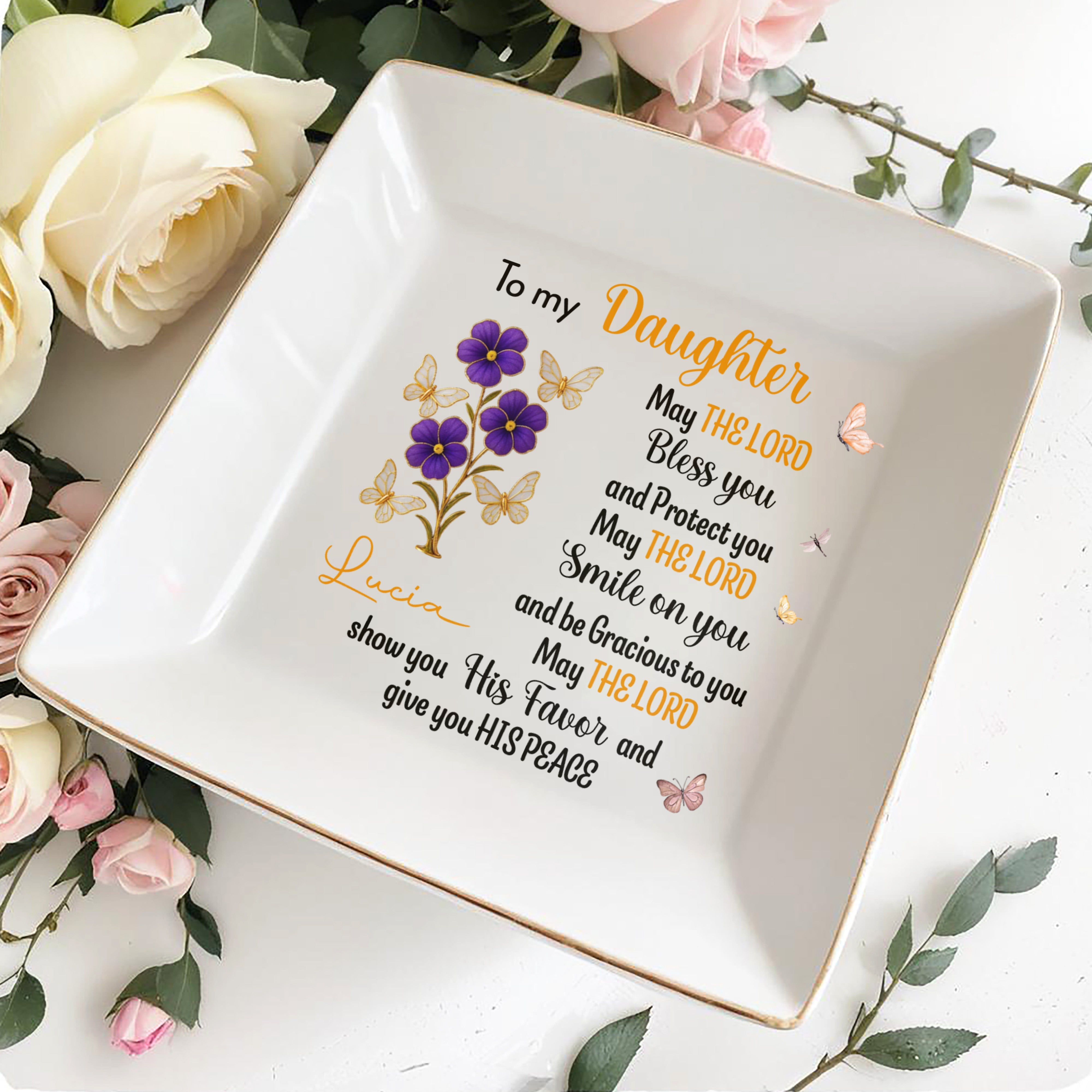 To My Daughter, Blessings And Peace, Flowers And Butterflies - Personalized Custom Jewelry Dish, Square Ceramic Dish - DAU215_SCRD