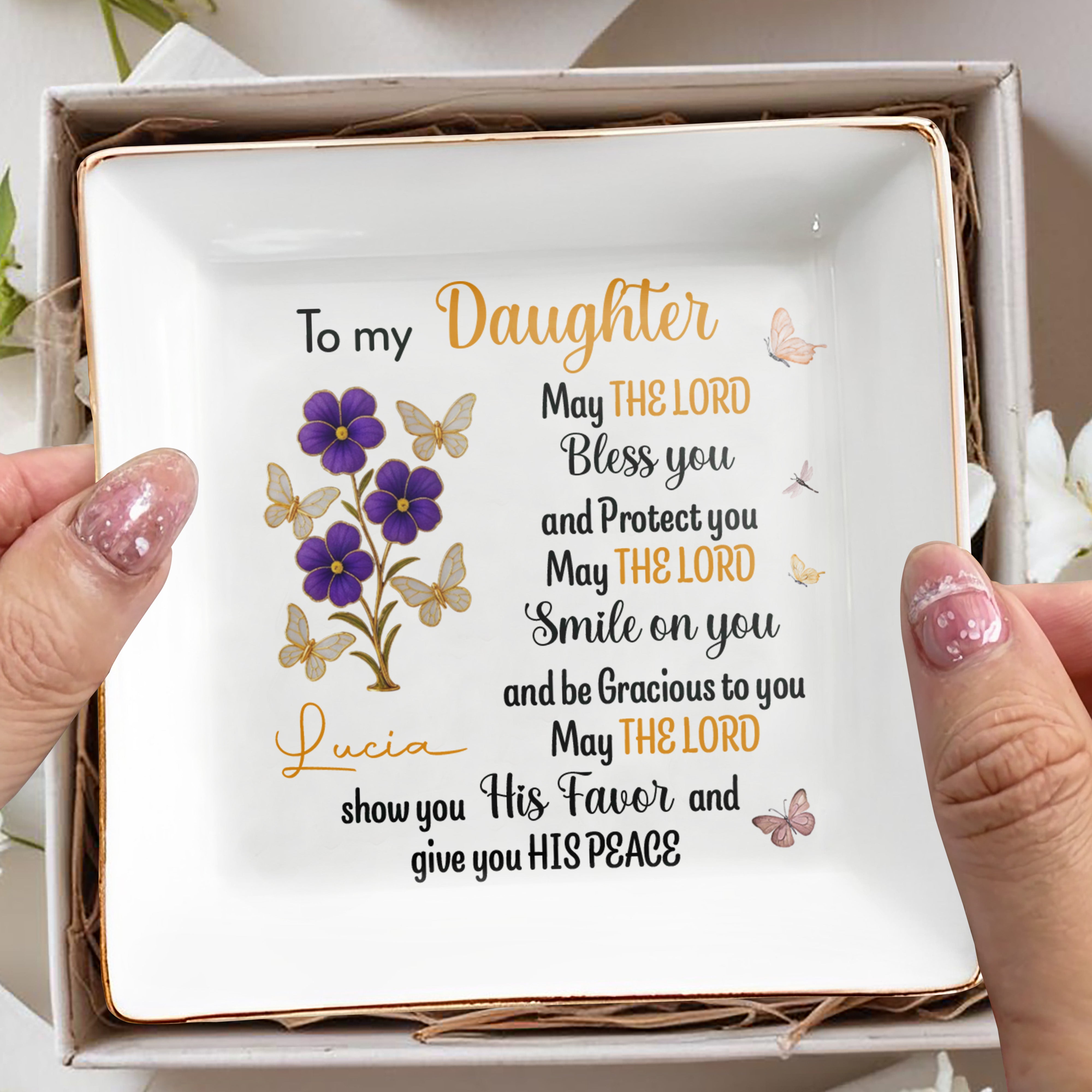 To My Daughter, Blessings And Peace, Flowers And Butterflies - Personalized Custom Jewelry Dish, Square Ceramic Dish - DAU215_SCRD