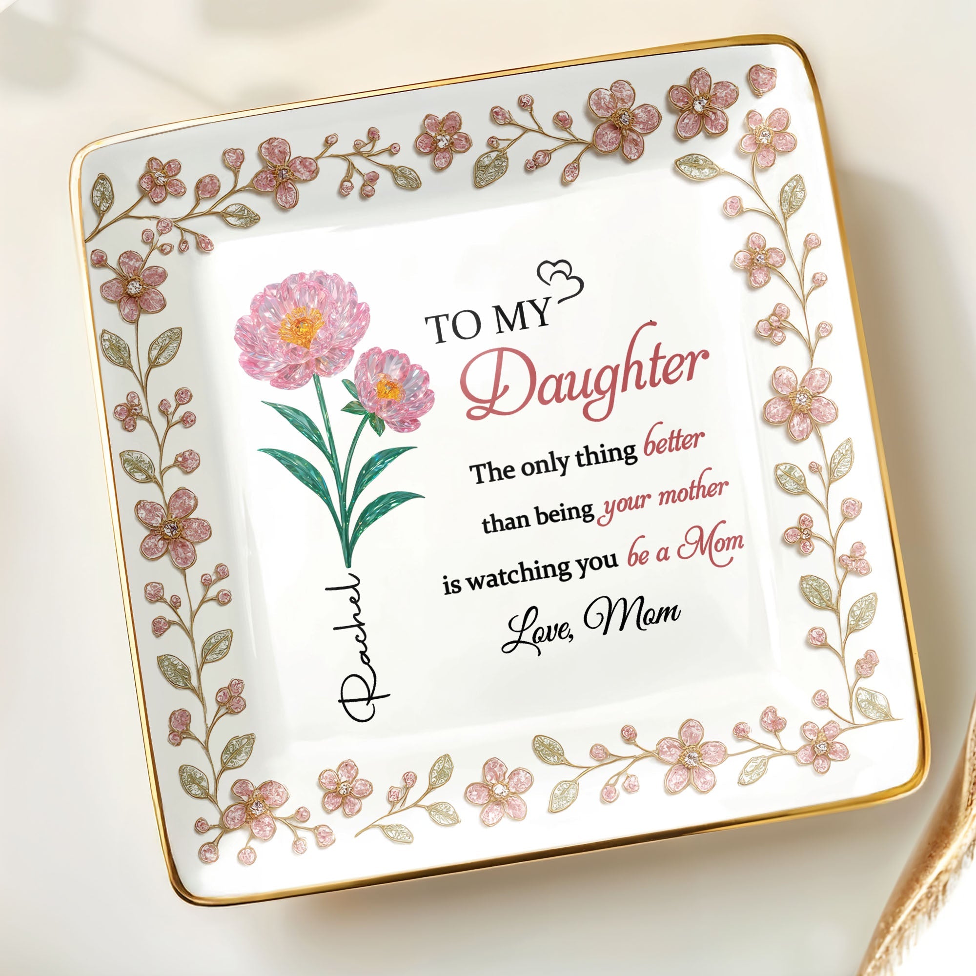 To My Daughter, Love From Mom, Beautiful Floral Design - Personalized Custom Jewelry Dish, Ceramic Dish, Square Shape - DAU217_SCRF