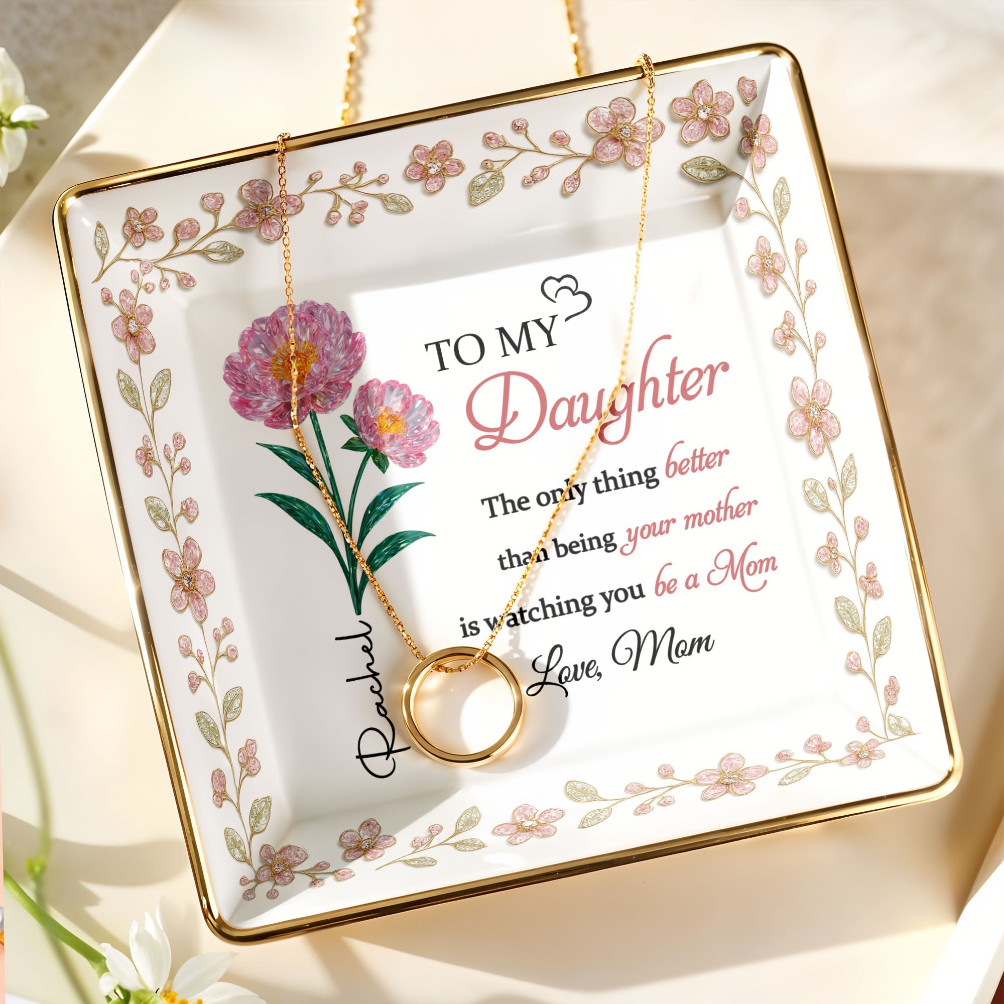 To My Daughter, Love From Mom, Beautiful Floral Design - Personalized Custom Jewelry Dish, Ceramic Dish, Square Shape - DAU217_SCRF