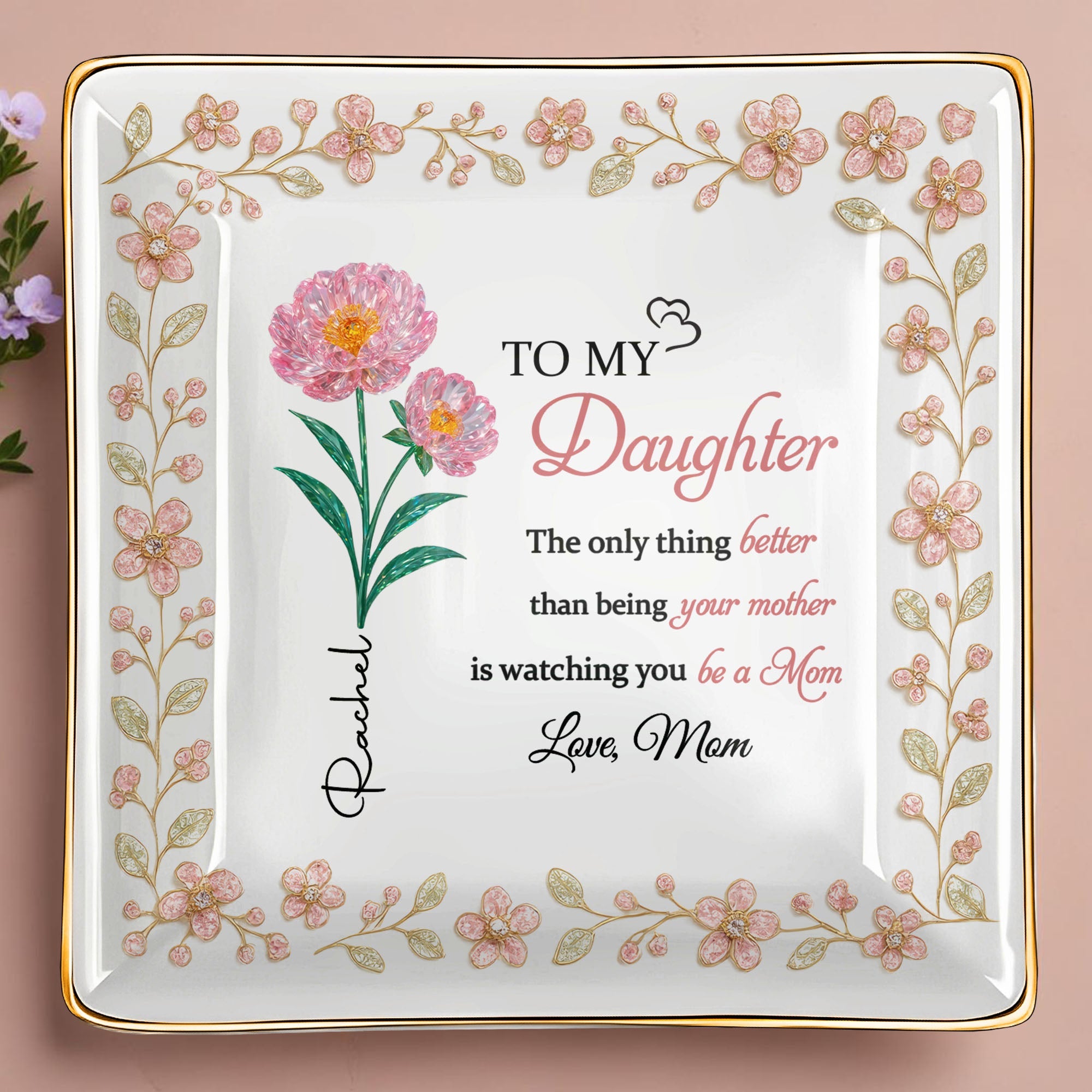 To My Daughter, Love From Mom, Beautiful Floral Design - Personalized Custom Jewelry Dish, Ceramic Dish, Square Shape - DAU217_SCRF