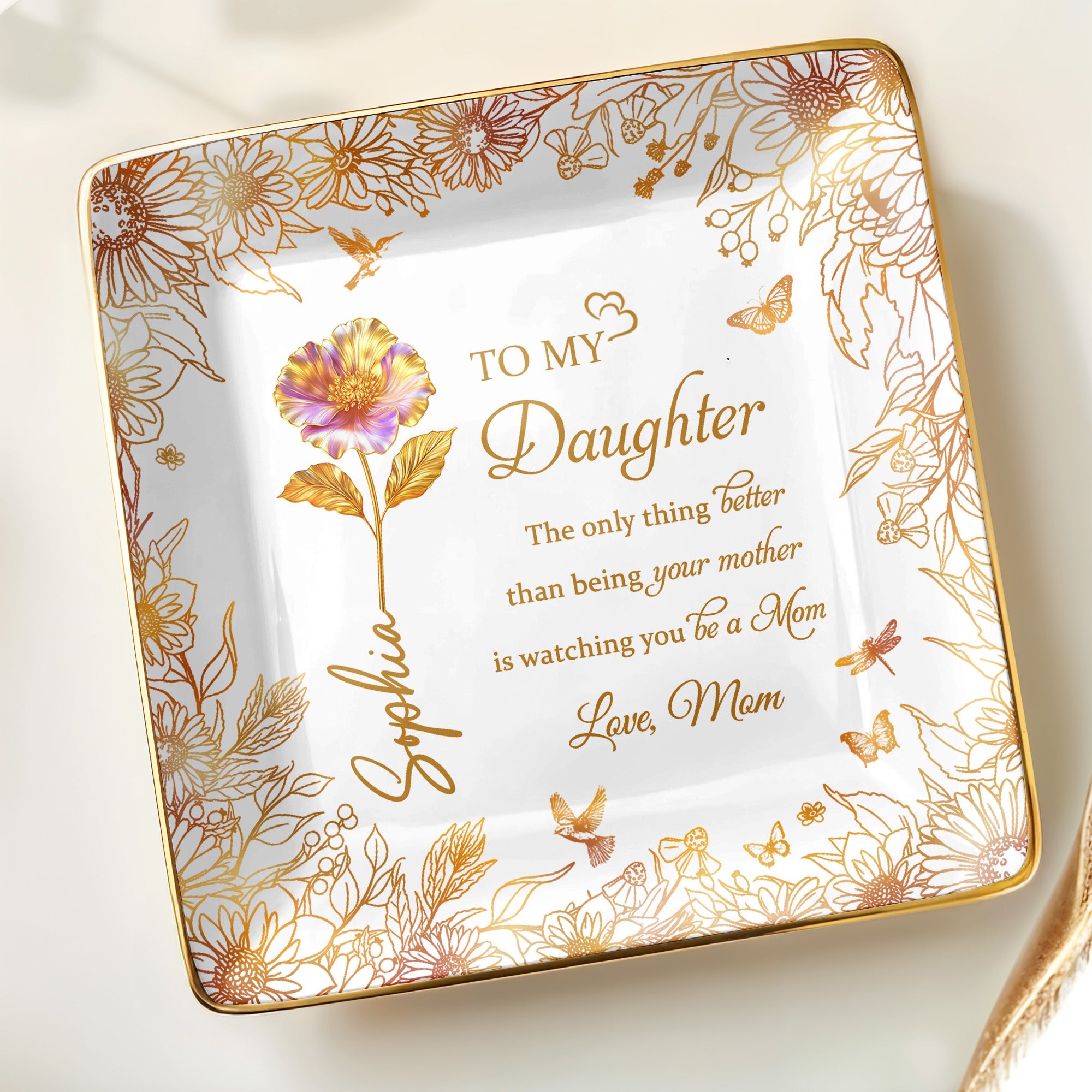 To My Daughter, Flowers And Butterfly Design - Personalized Custom Jewelry Dish, Ceramic Dish, Square Shape - DAU219_SCRF