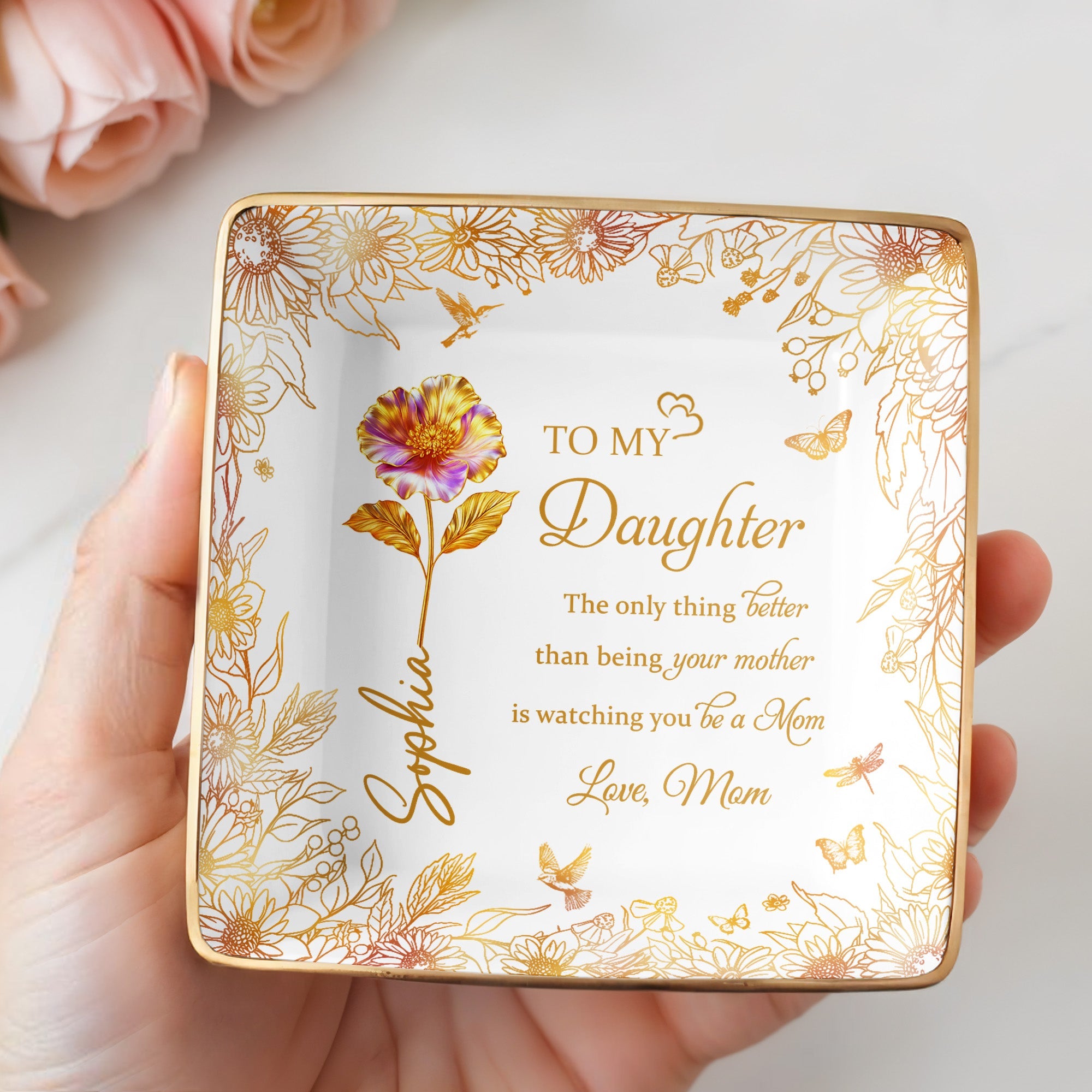 To My Daughter, Flowers And Butterfly Design - Personalized Custom Jewelry Dish, Ceramic Dish, Square Shape - DAU219_SCRF
