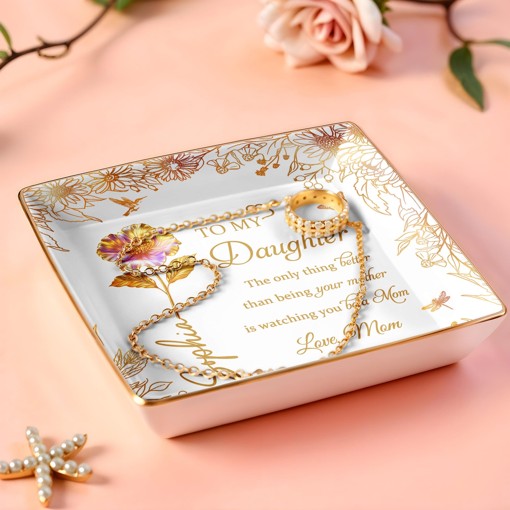 To My Daughter, Flowers And Butterfly Design - Personalized Custom Jewelry Dish, Ceramic Dish, Square Shape - DAU219_SCRF