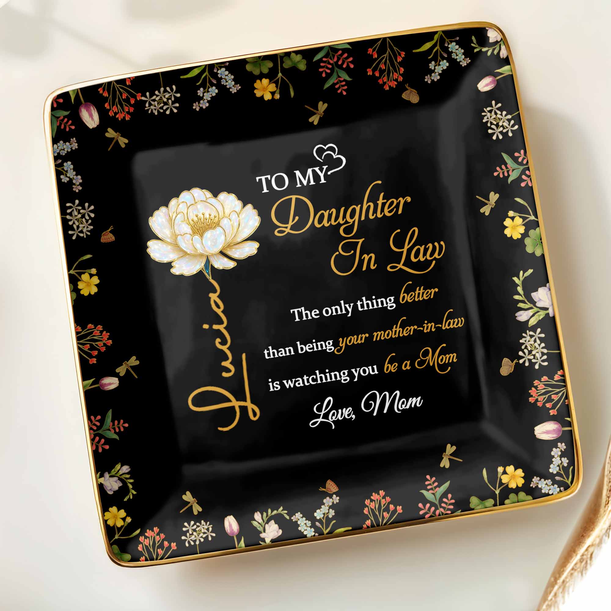 To My Daughter In Law, Love From Mom, Floral Design - Personalized Custom Jewelry Dish, Ceramic Dish, Square Shape - DAU223_SCRF