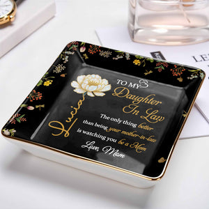 To My Daughter In Law, Love From Mom, Floral Design - Personalized Custom Jewelry Dish, Ceramic Dish, Square Shape - DAU223_SCRF