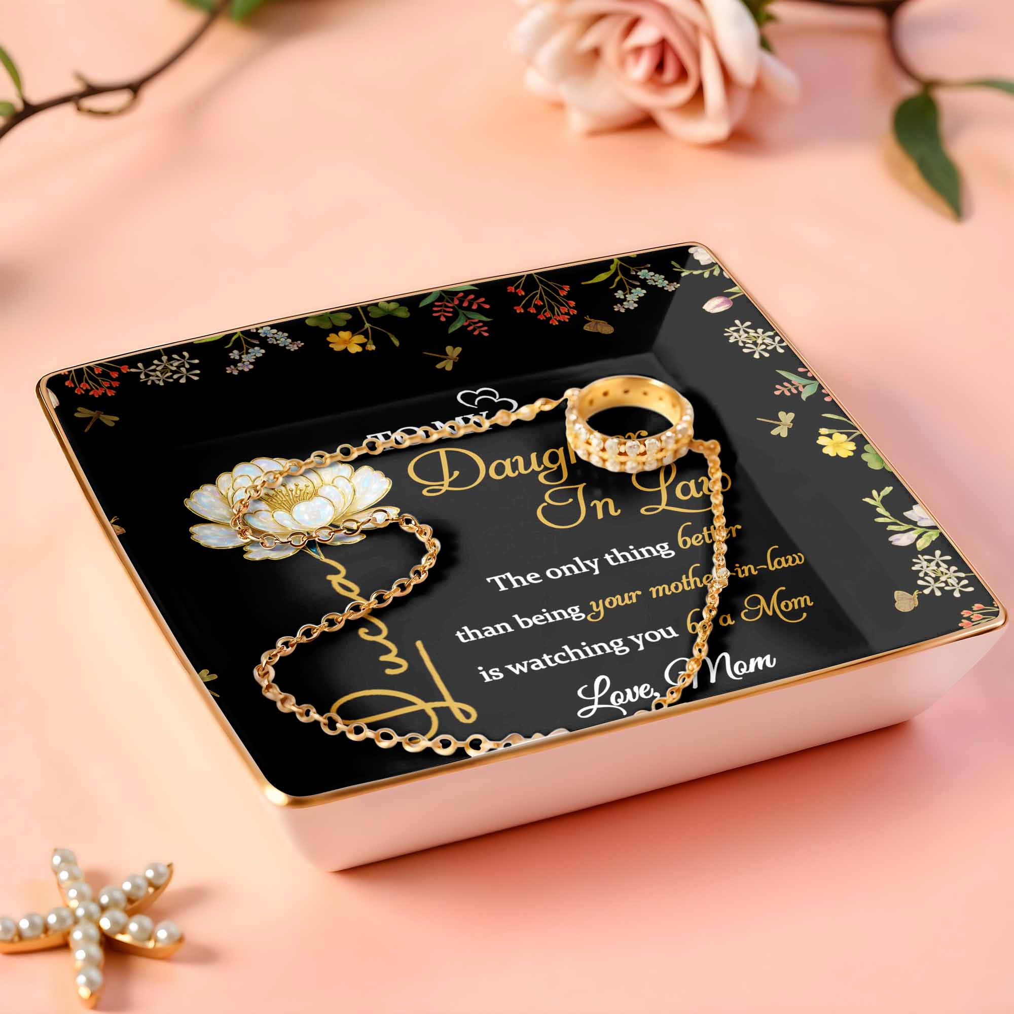 To My Daughter In Law, Love From Mom, Floral Design - Personalized Custom Jewelry Dish, Ceramic Dish, Square Shape - DAU223_SCRF