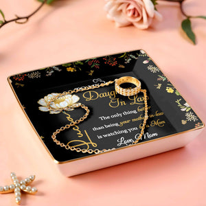To My Daughter In Law, Love From Mom, Floral Design - Personalized Custom Jewelry Dish, Ceramic Dish, Square Shape - DAU223_SCRF