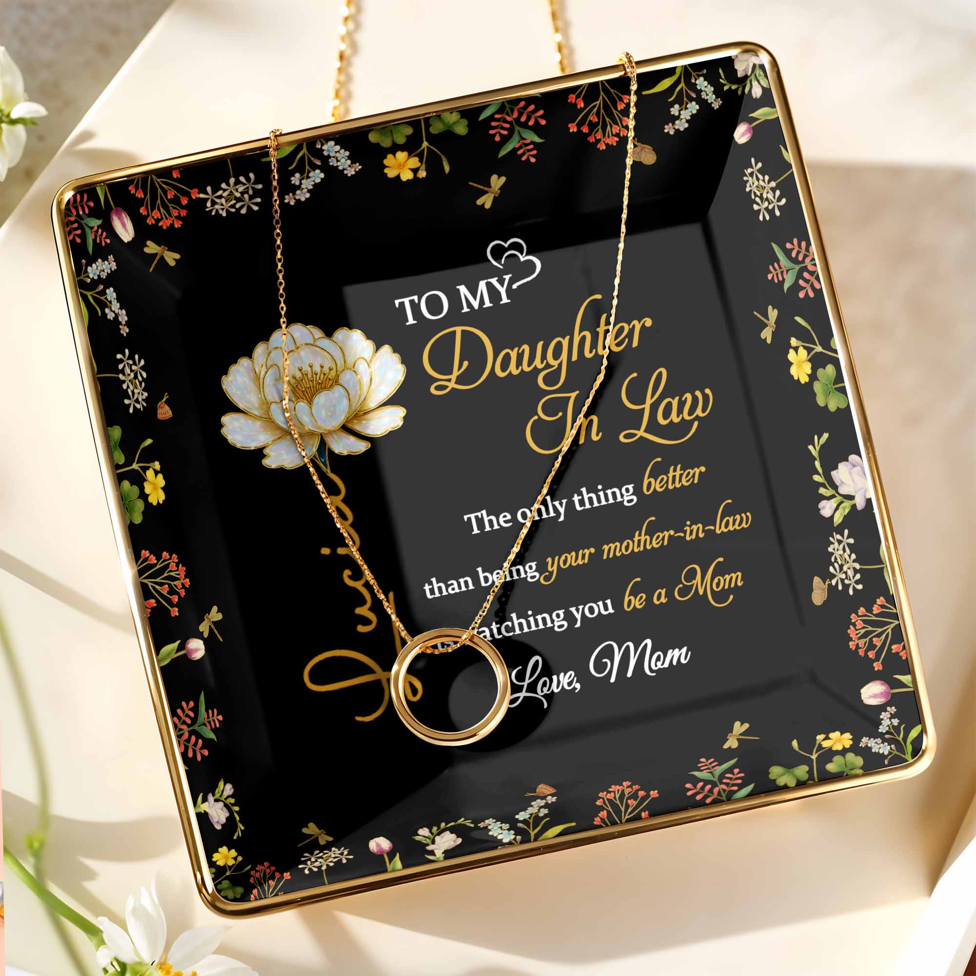 To My Daughter In Law, Love From Mom, Floral Design - Personalized Custom Jewelry Dish, Ceramic Dish, Square Shape - DAU223_SCRF