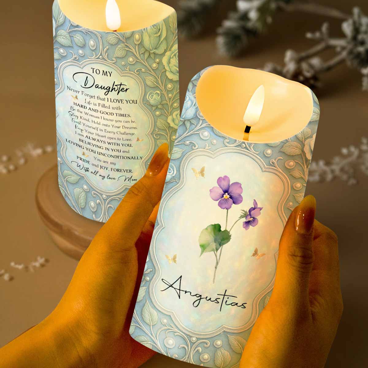 To My Daughter, Never Forget That I Love You, Flowers And Butterflies - Personalized Custom LED Candle - DAU232_LECA