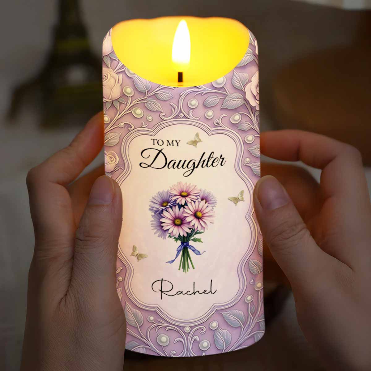 To My Daughter, You Are The Beat Of My Heart, Flowers And Leaves Design - Personalized Custom LED Candle - DAU246_LECA