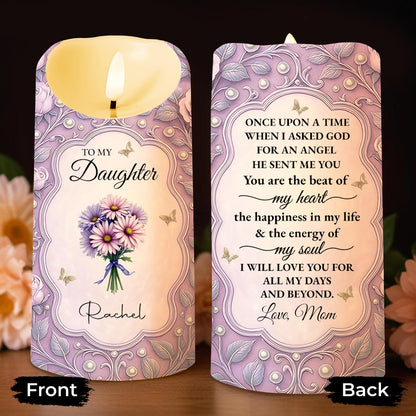 To My Daughter, You Are The Beat Of My Heart, Flowers And Leaves Design - Personalized Custom LED Candle - DAU246_LECA