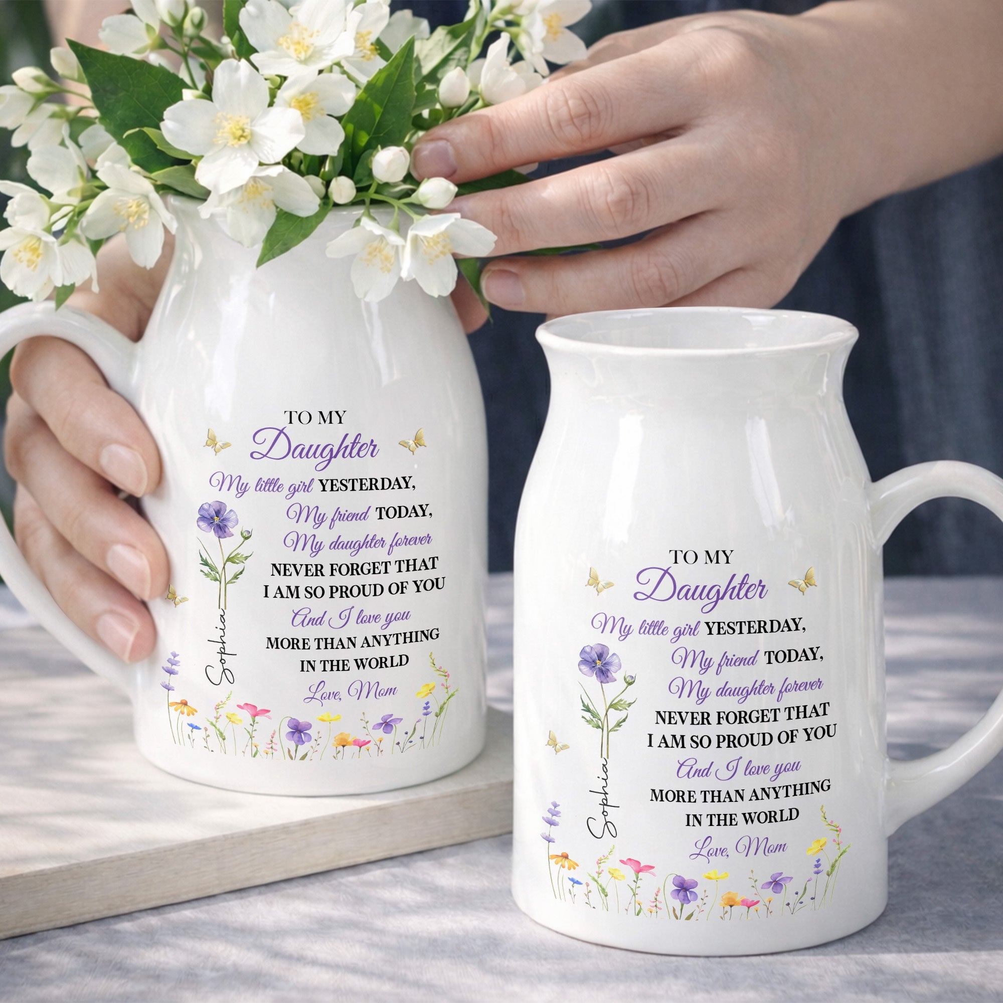 To My Daughter My Little Girl Yesterday Flower And Butterfly Design - Personalized Ceramic Flower Vase