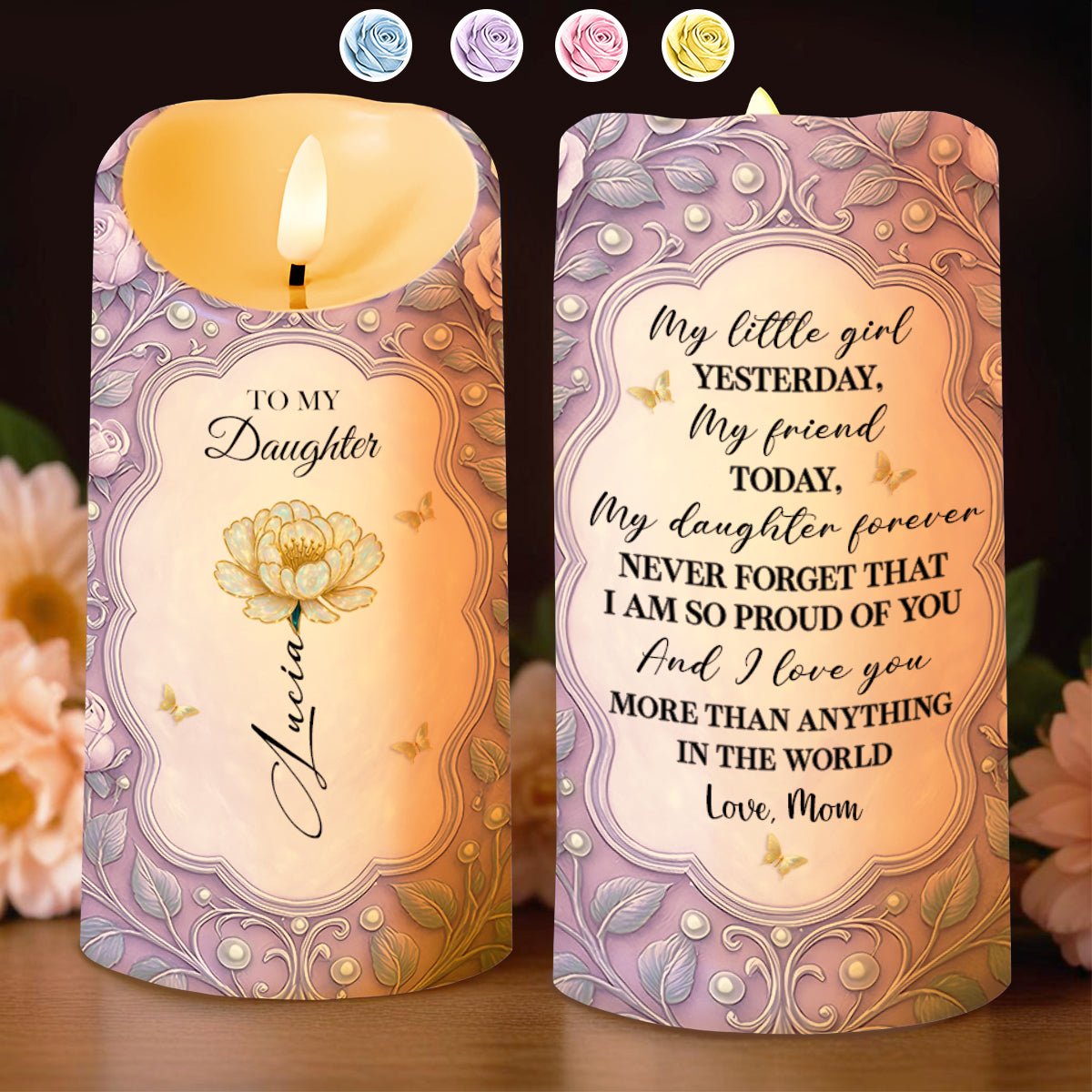 To My Daughter, Proud Of You, Flowers And Butterfly Design - Personalized Custom LED Candle - DAU249_LECA