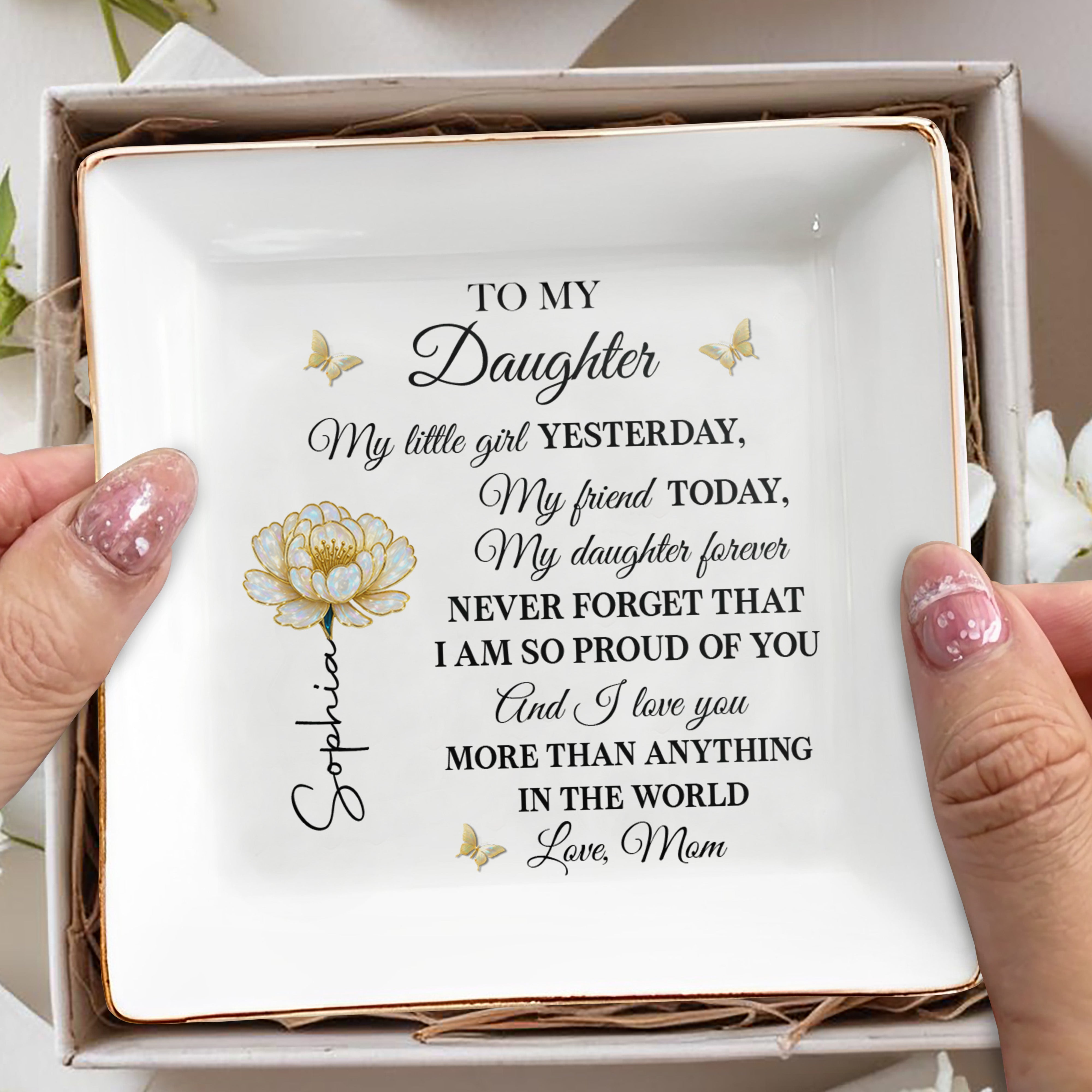 To My Daughter My Little Girl Flower And Butterflies - Personalized Custom Jewelry Dish, Square Ceramic Dish - DAU249_SCRD