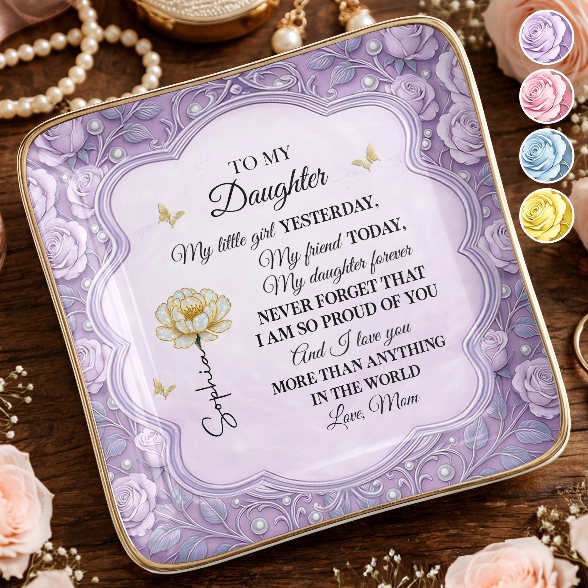 To My Daughter My Little Girl Flower And Butterflies - Personalized Custom Jewelry Dish, Ceramic Dish, Square Shape - DAU249_SCRF
