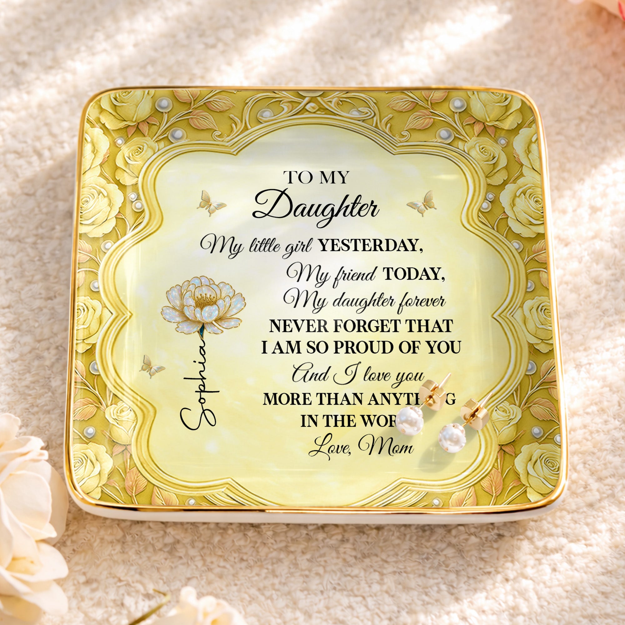 To My Daughter My Little Girl Flower And Butterflies - Personalized Custom Jewelry Dish, Ceramic Dish, Square Shape - DAU249_SCRF