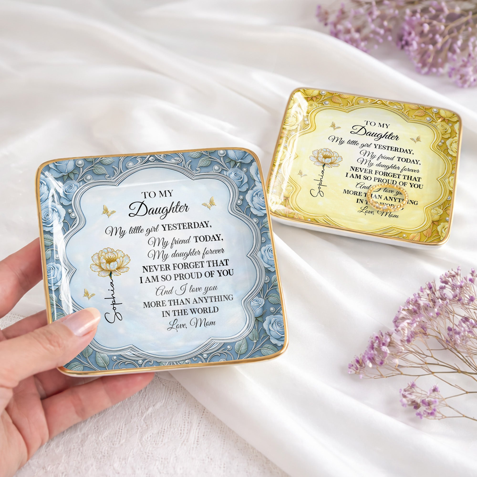To My Daughter My Little Girl Flower And Butterflies - Personalized Custom Jewelry Dish, Ceramic Dish, Square Shape - DAU249_SCRF