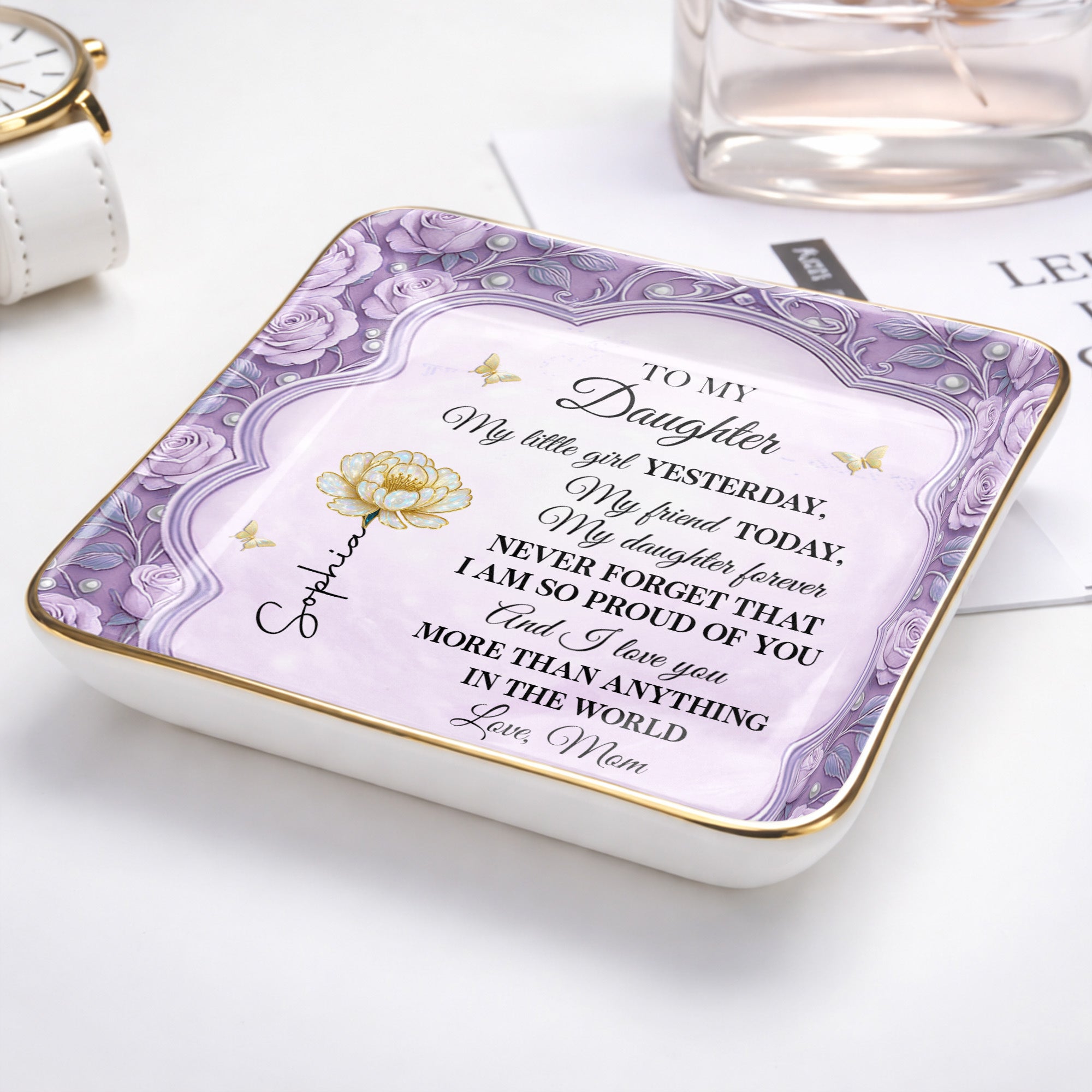 To My Daughter My Little Girl Flower And Butterflies - Personalized Custom Jewelry Dish, Ceramic Dish, Square Shape - DAU249_SCRF