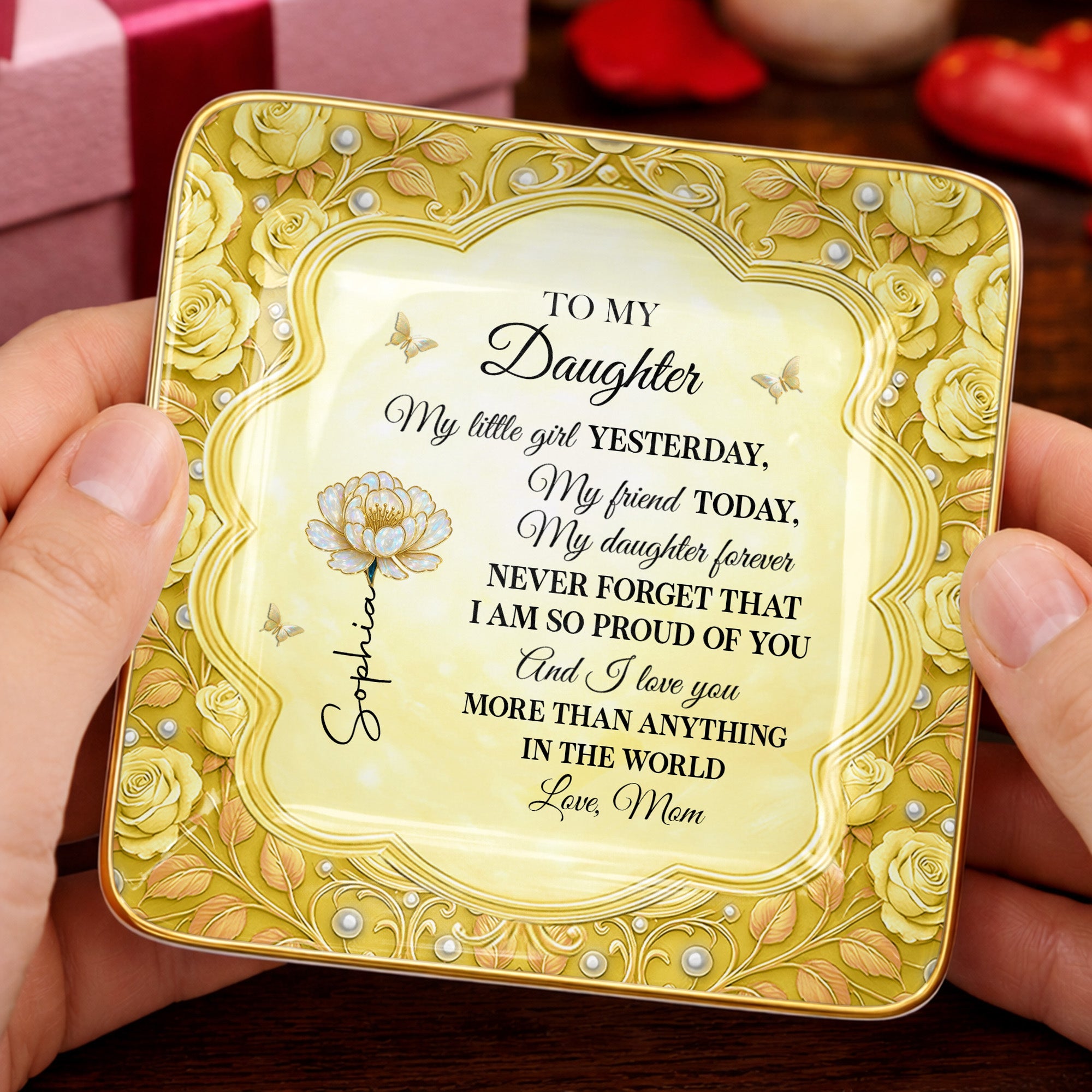 To My Daughter My Little Girl Flower And Butterflies - Personalized Custom Jewelry Dish, Ceramic Dish, Square Shape - DAU249_SCRF