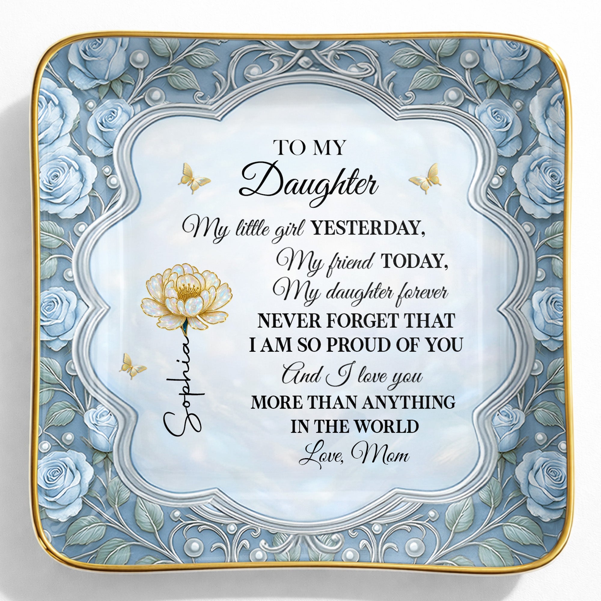 To My Daughter My Little Girl Flower And Butterflies - Personalized Custom Jewelry Dish, Ceramic Dish, Square Shape - DAU249_SCRF