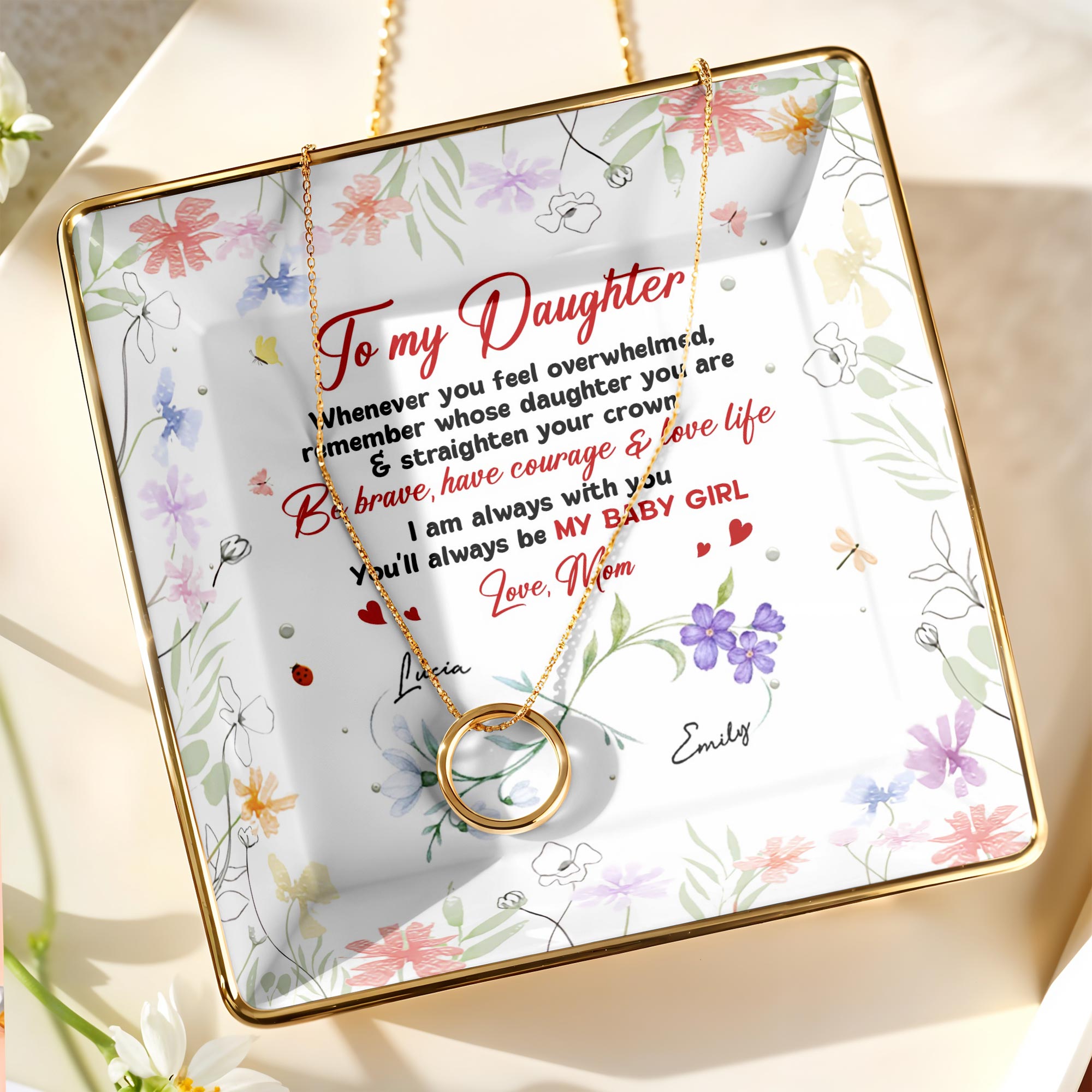 To My Daughter, Remember Whose Daughter You Are, Flowers and Hearts Design - Personalized Custom Jewelry Dish, Ceramic Dish, Square Shape - DAU250_SCRF