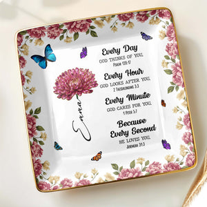 Every Day God Thinks Of You With Flowers And Butterflies - Personalized Custom Jewelry Dish, Ceramic Dish, Square Shape - DAU253_SCRF