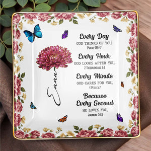 Every Day God Thinks Of You With Flowers And Butterflies - Personalized Custom Jewelry Dish, Ceramic Dish, Square Shape - DAU253_SCRF