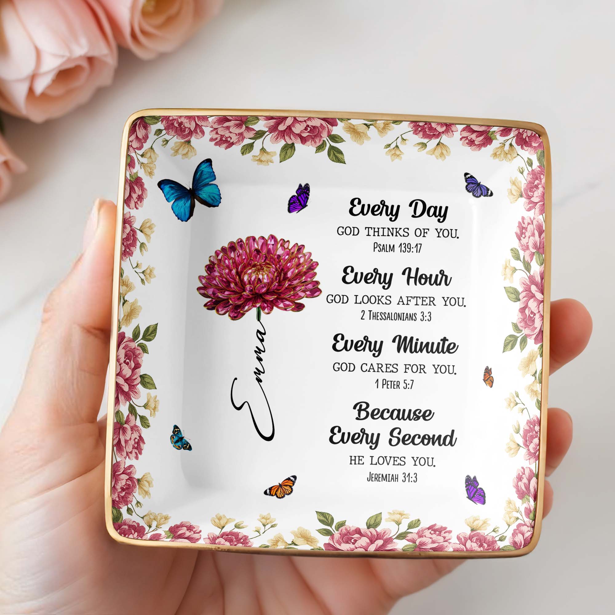 Every Day God Thinks Of You With Flowers And Butterflies - Personalized Custom Jewelry Dish, Ceramic Dish, Square Shape - DAU253_SCRF