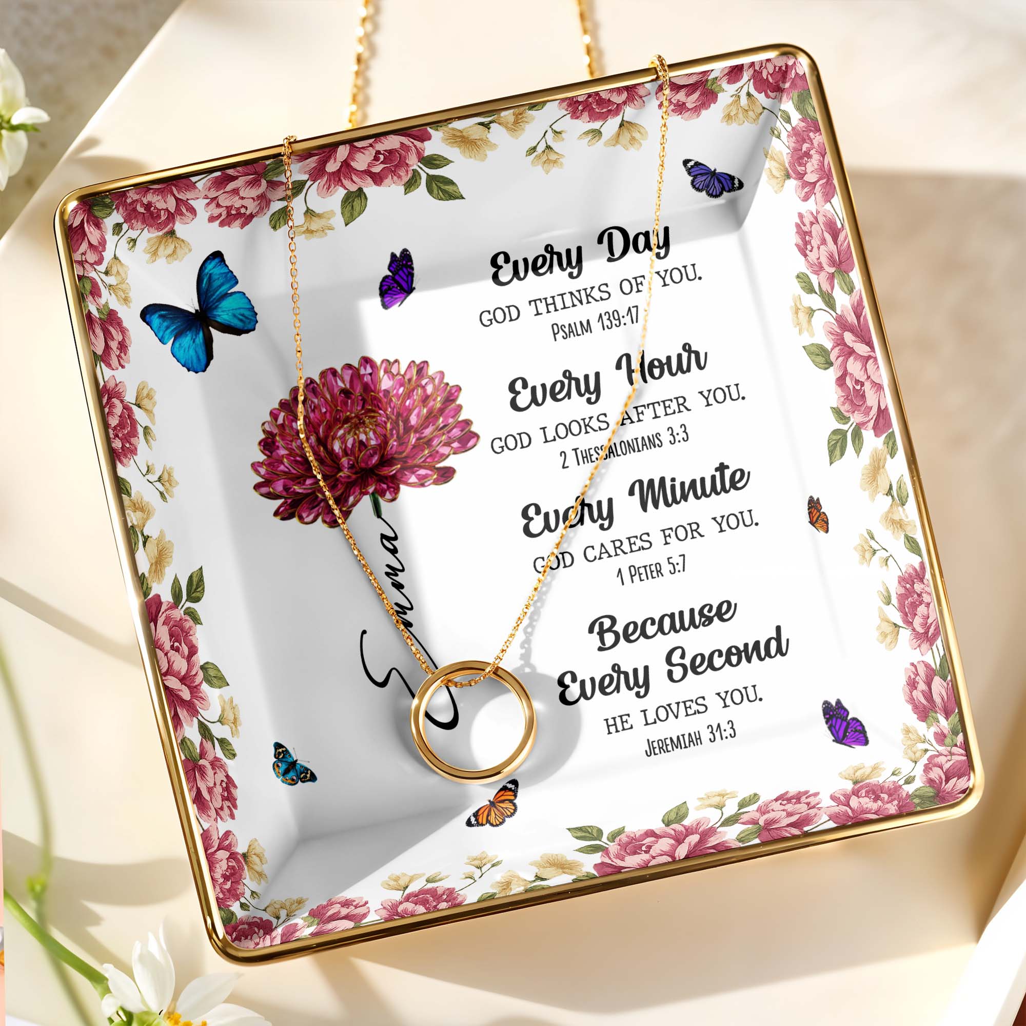Every Day God Thinks Of You With Flowers And Butterflies - Personalized Custom Jewelry Dish, Ceramic Dish, Square Shape - DAU253_SCRF