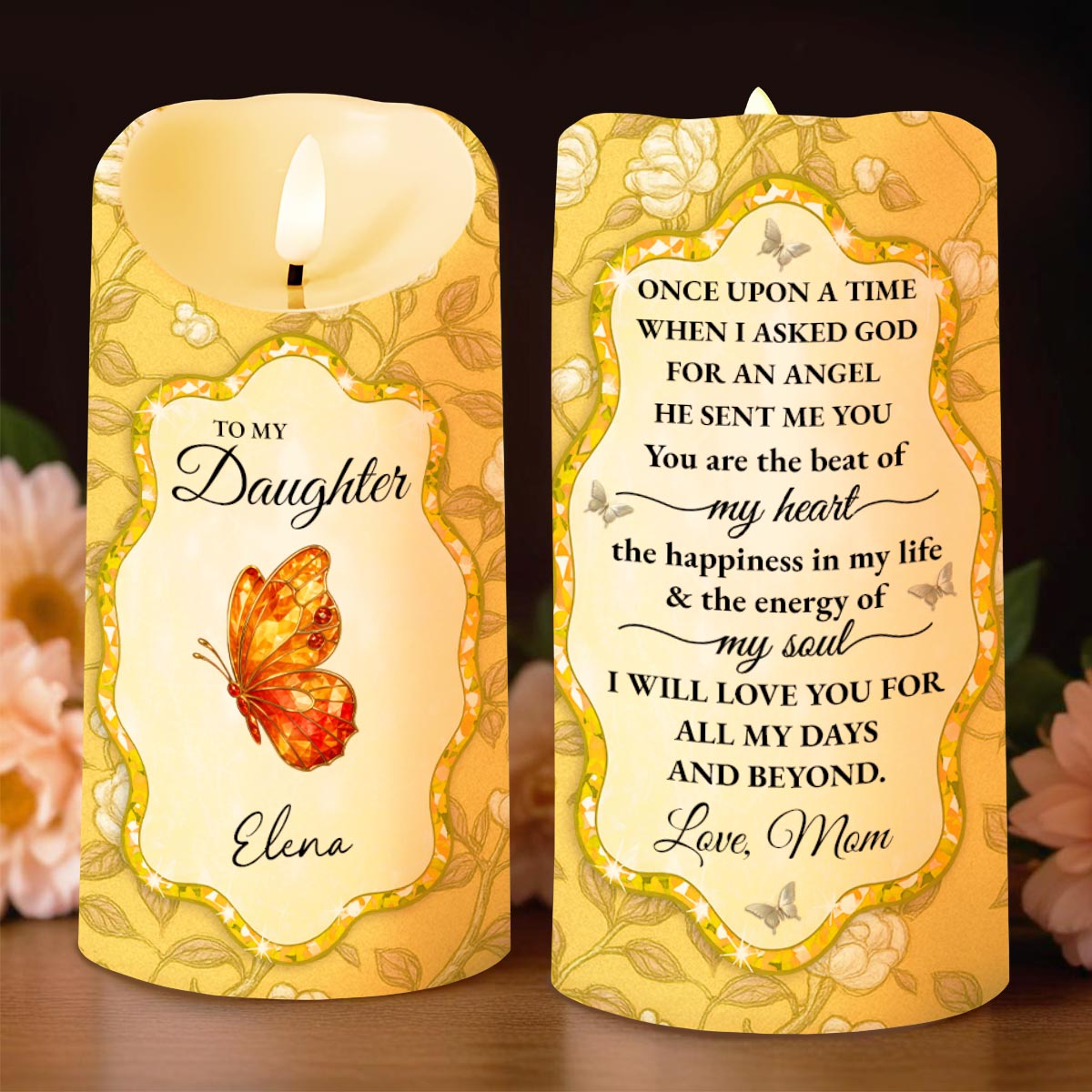 To My Daughter, Love Mom, Butterfly and Flowers - Personalized Custom LED Candle - DAU255_LECA