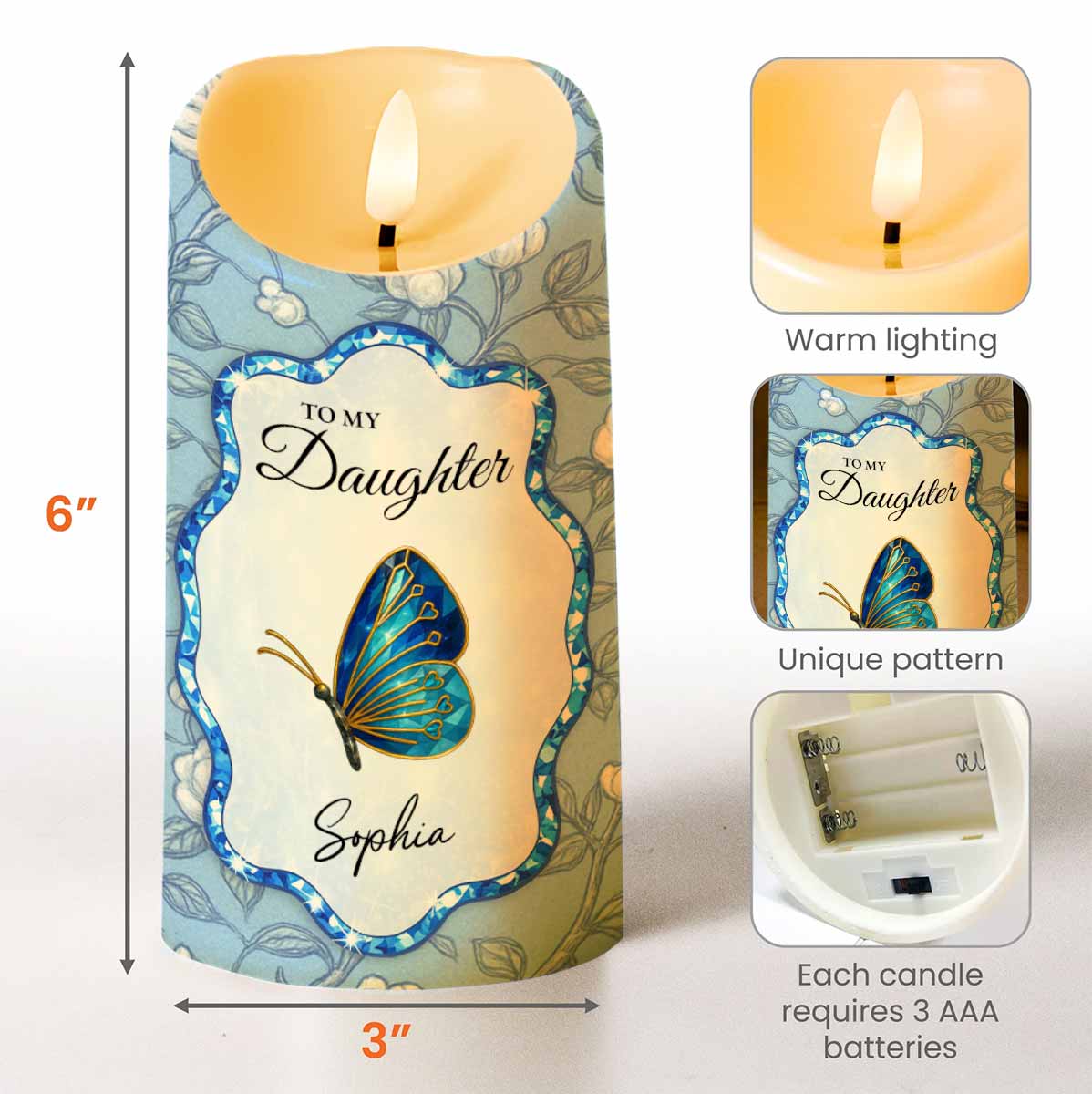 To My Daughter, Love Mom, Butterfly and Flowers - Personalized Custom LED Candle - DAU255_LECA