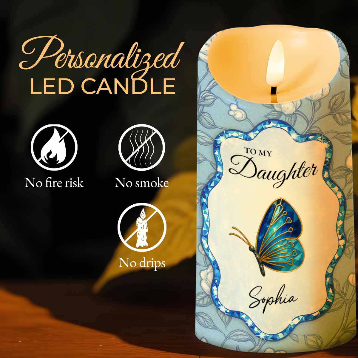 To My Daughter, Love Mom, Butterfly and Flowers - Personalized Custom LED Candle - DAU255_LECA