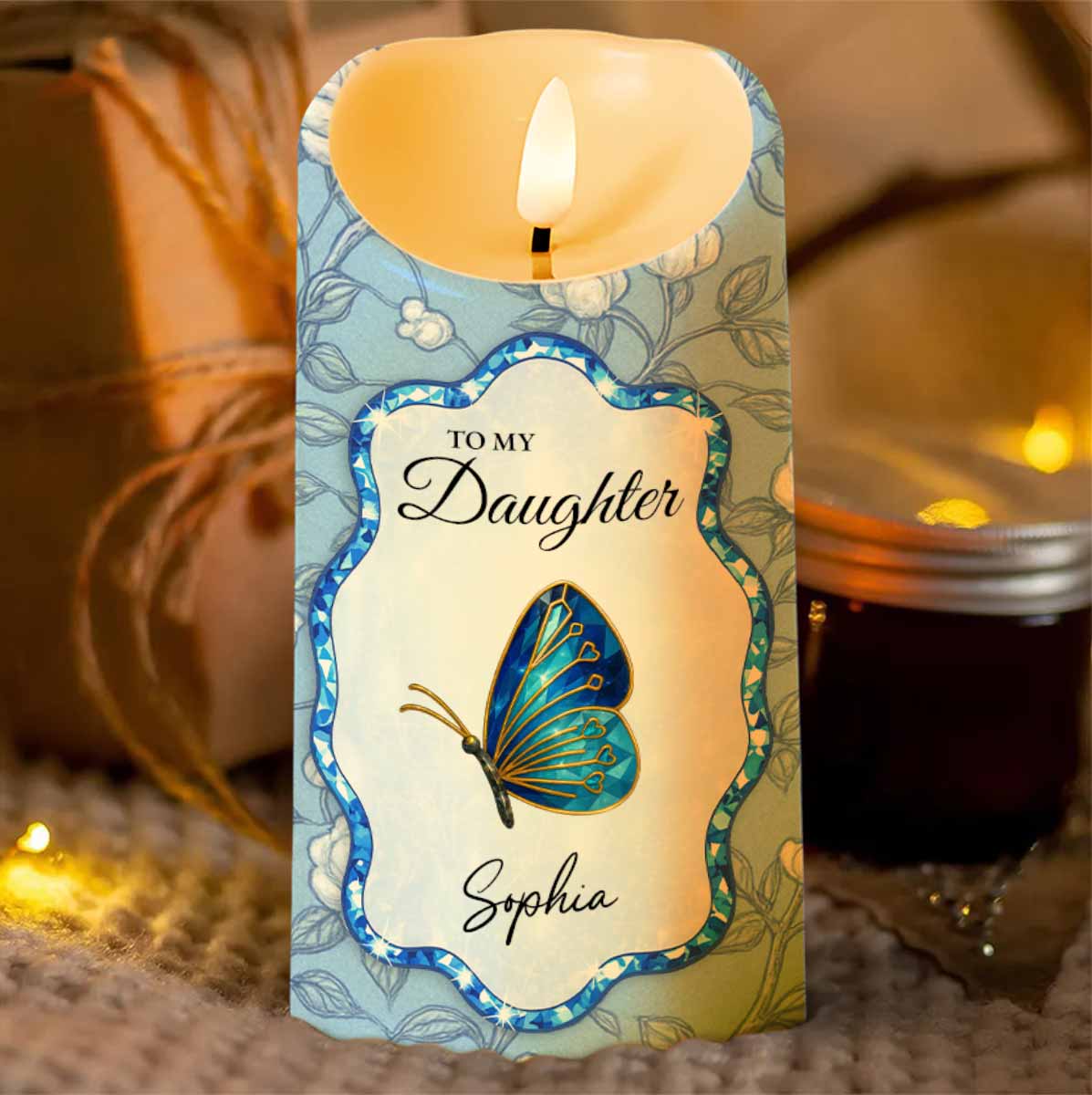 To My Daughter, Love Mom, Butterfly and Flowers - Personalized Custom LED Candle - DAU255_LECA