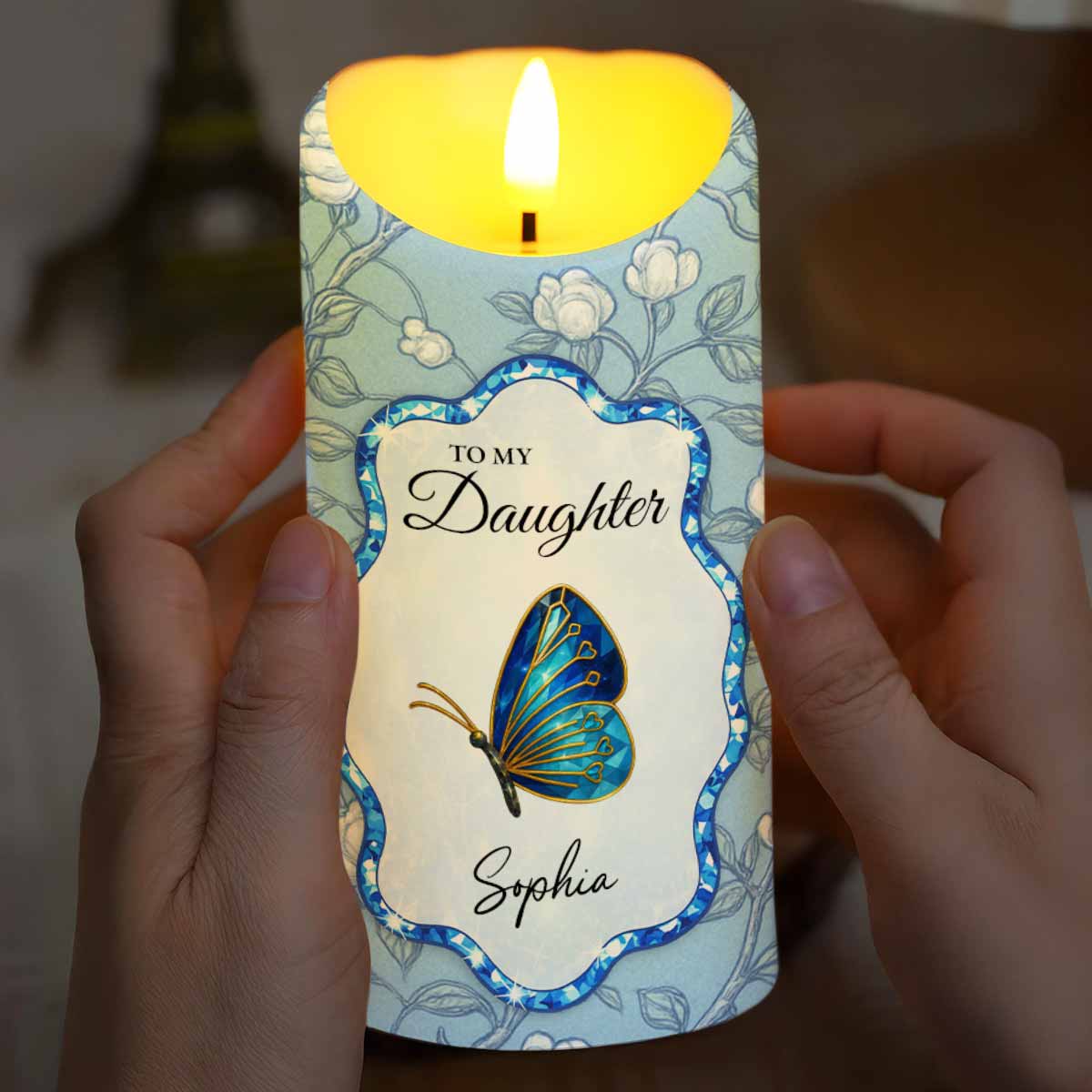 To My Daughter, Love Mom, Butterfly and Flowers - Personalized Custom LED Candle - DAU255_LECA