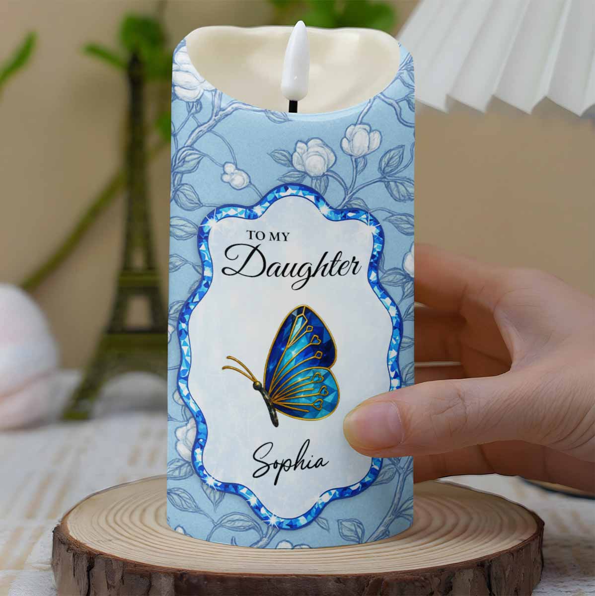 To My Daughter, Love Mom, Butterfly and Flowers - Personalized Custom LED Candle - DAU255_LECA