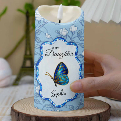 To My Daughter, Love Mom, Butterfly and Flowers - Personalized Custom LED Candle - DAU255_LECA