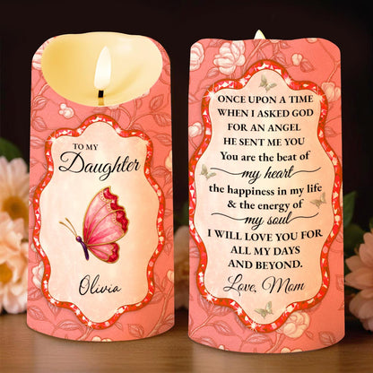 To My Daughter, Love Mom, Butterfly and Flowers - Personalized Custom LED Candle - DAU255_LECA