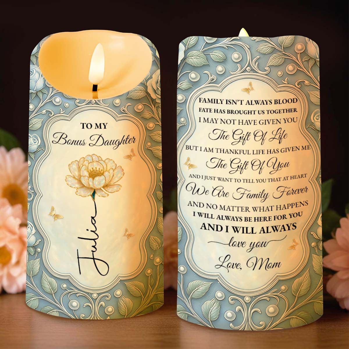 To My Bonus Daughter Flower Script Design Candle - Personalized Custom LED Candle - DAU258_LECA