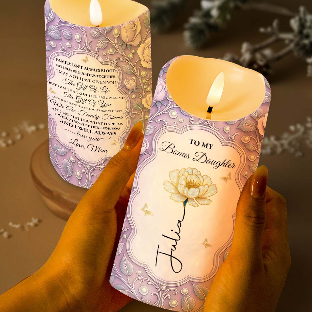 To My Bonus Daughter Flower Script Design Candle - Personalized Custom LED Candle - DAU258_LECA