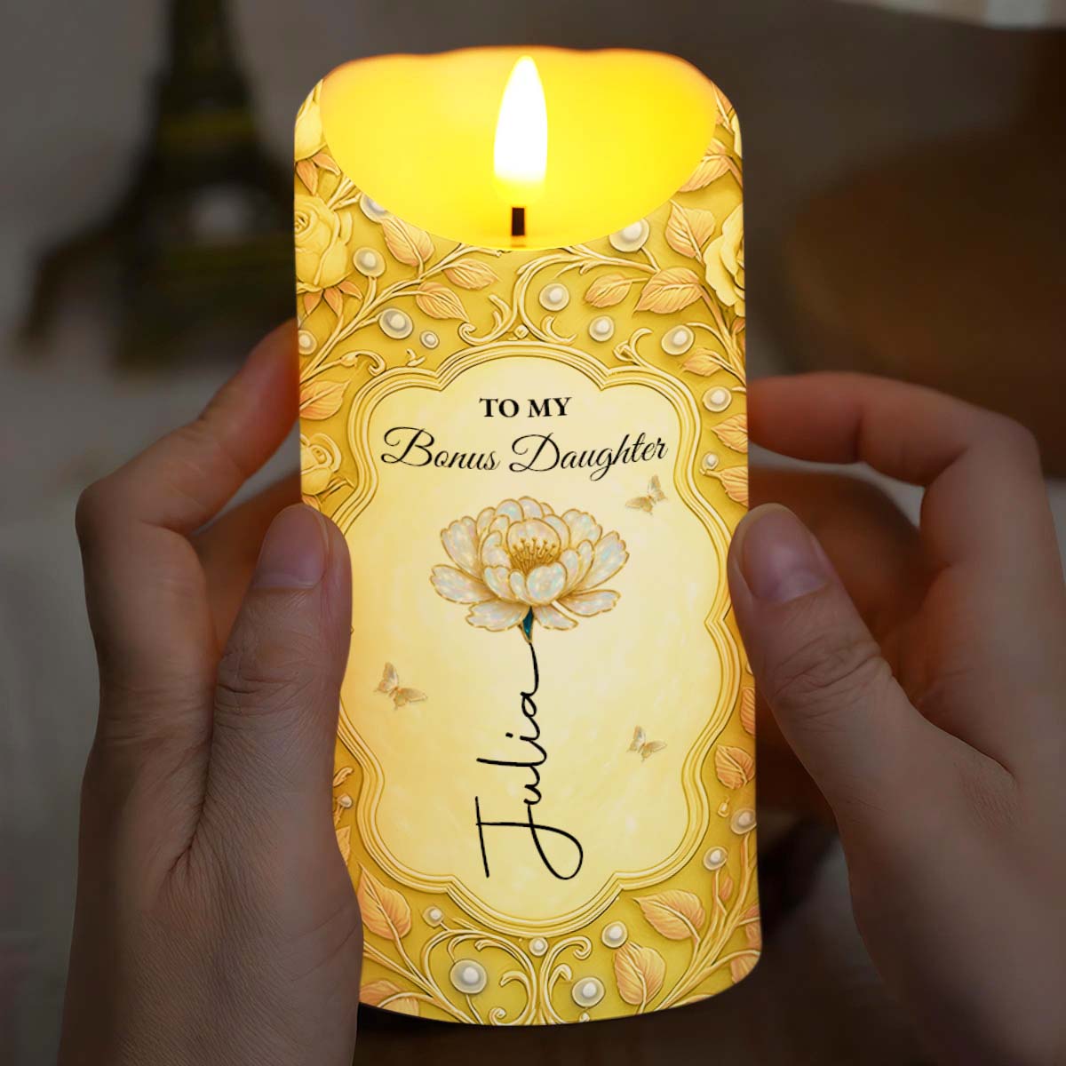 To My Bonus Daughter Flower Script Design Candle - Personalized Custom LED Candle - DAU258_LECA