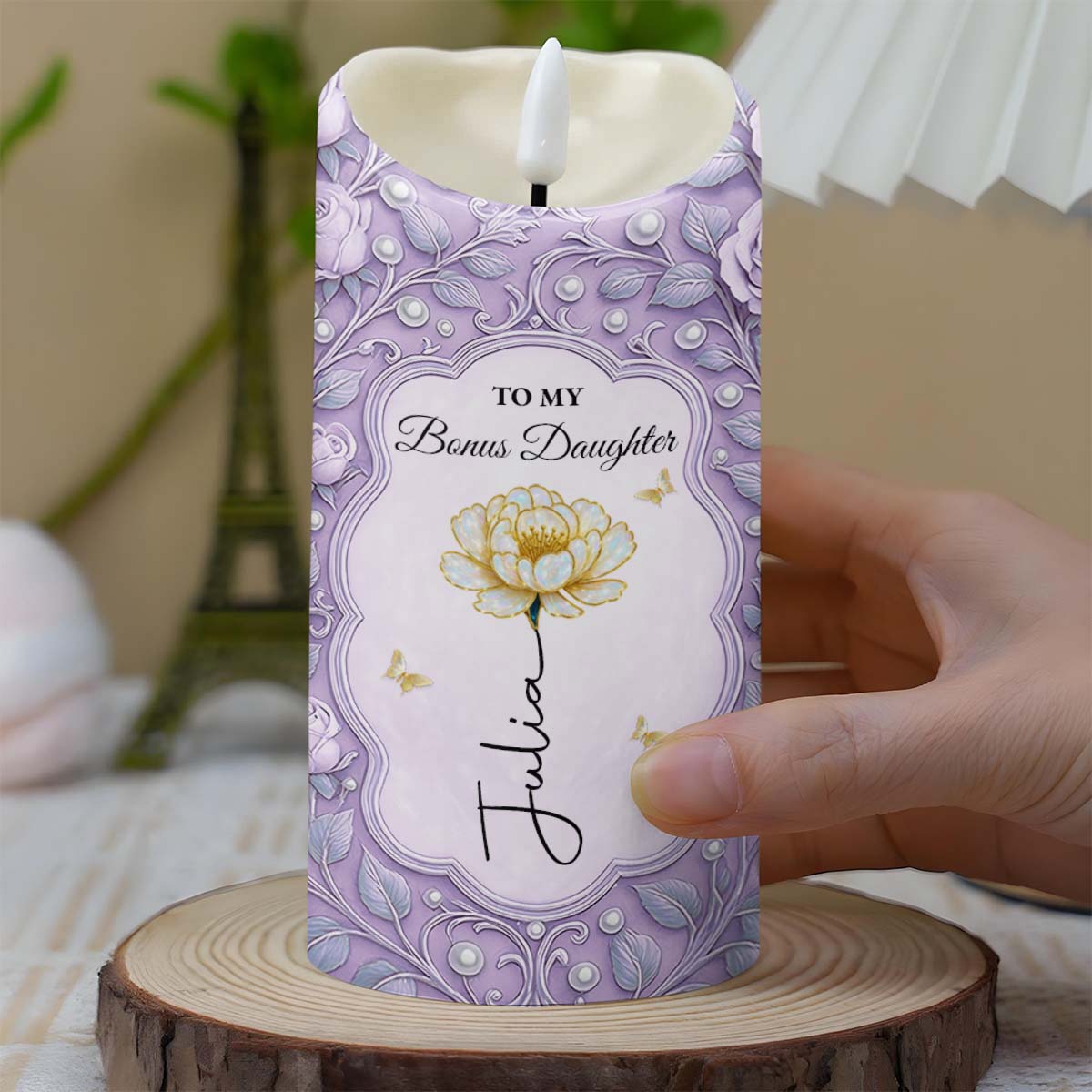 To My Bonus Daughter Flower Script Design Candle - Personalized Custom LED Candle - DAU258_LECA