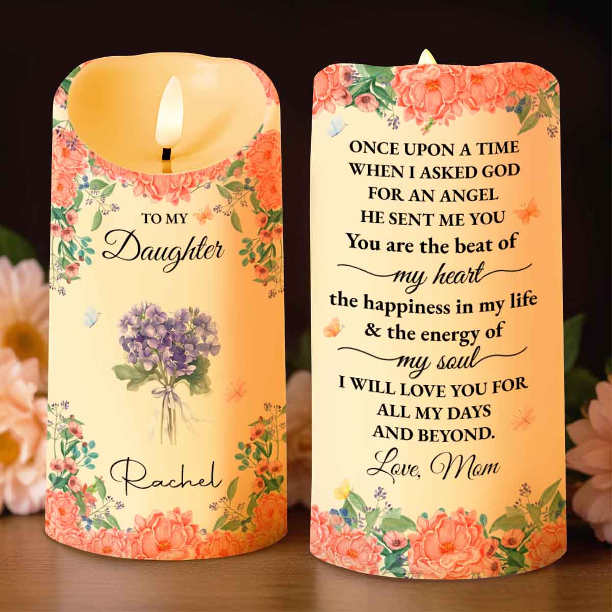To My Daughter With Beautiful Floral Design - Personalized Custom LED Candle - DAU260_LECA