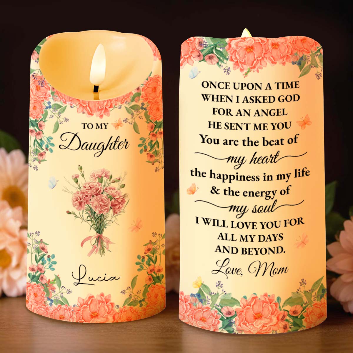 To My Daughter With Beautiful Floral Design - Personalized Custom LED Candle - DAU260_LECA