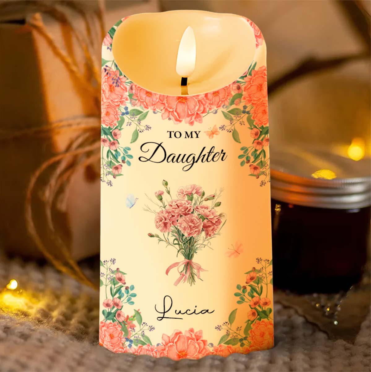 To My Daughter With Beautiful Floral Design - Personalized Custom LED Candle - DAU260_LECA