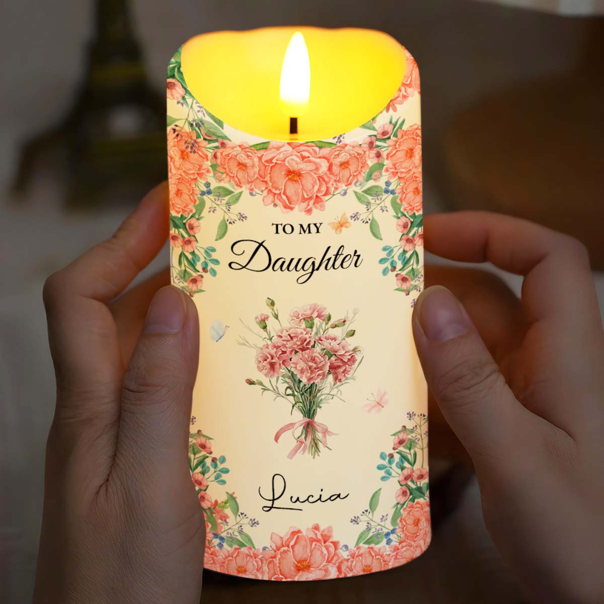 To My Daughter With Beautiful Floral Design - Personalized Custom LED Candle - DAU260_LECA